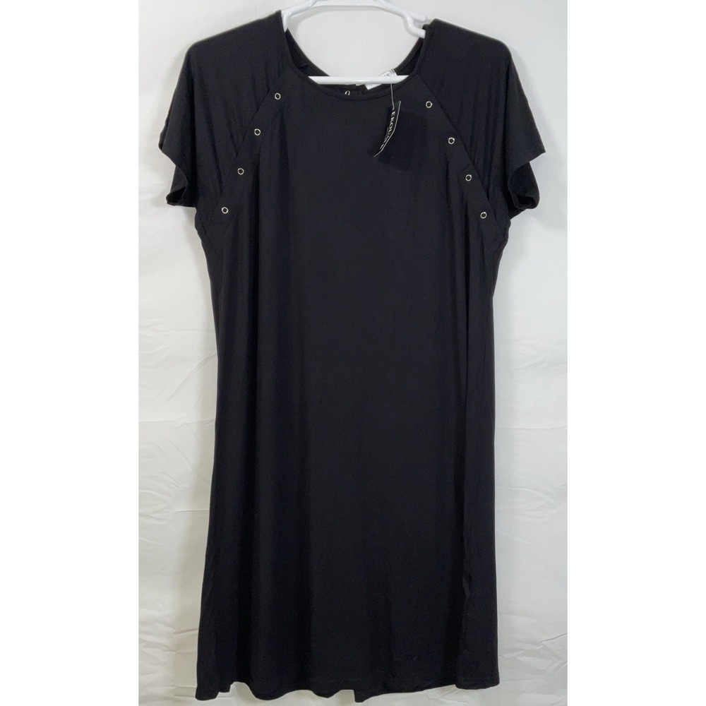 NWT Women's Ekouaer Short Sleeve T-shirt Dress Knee Length Back Snap Black Large